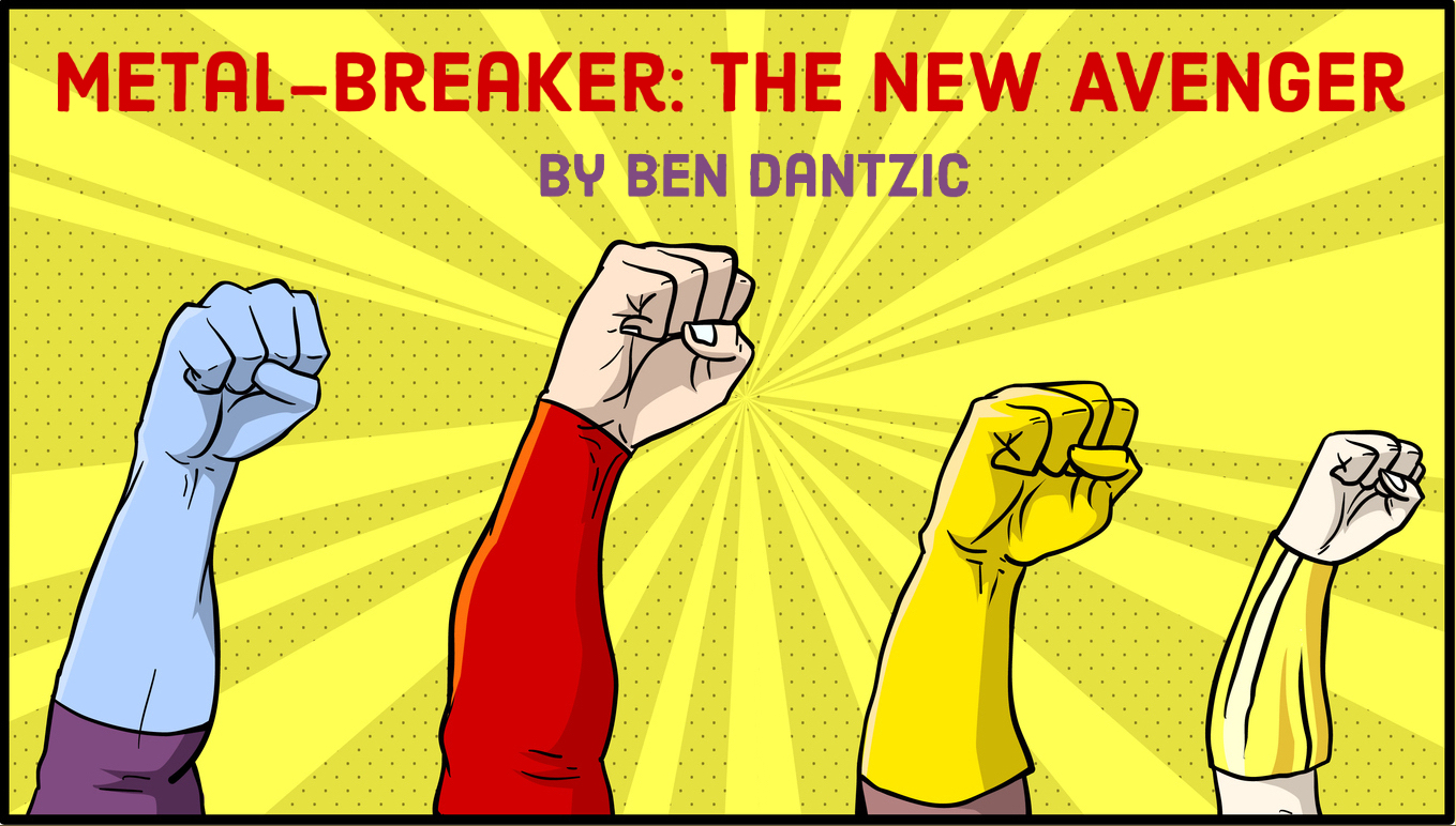 A comic book style illustration of a set of superhero fists raised in the air.