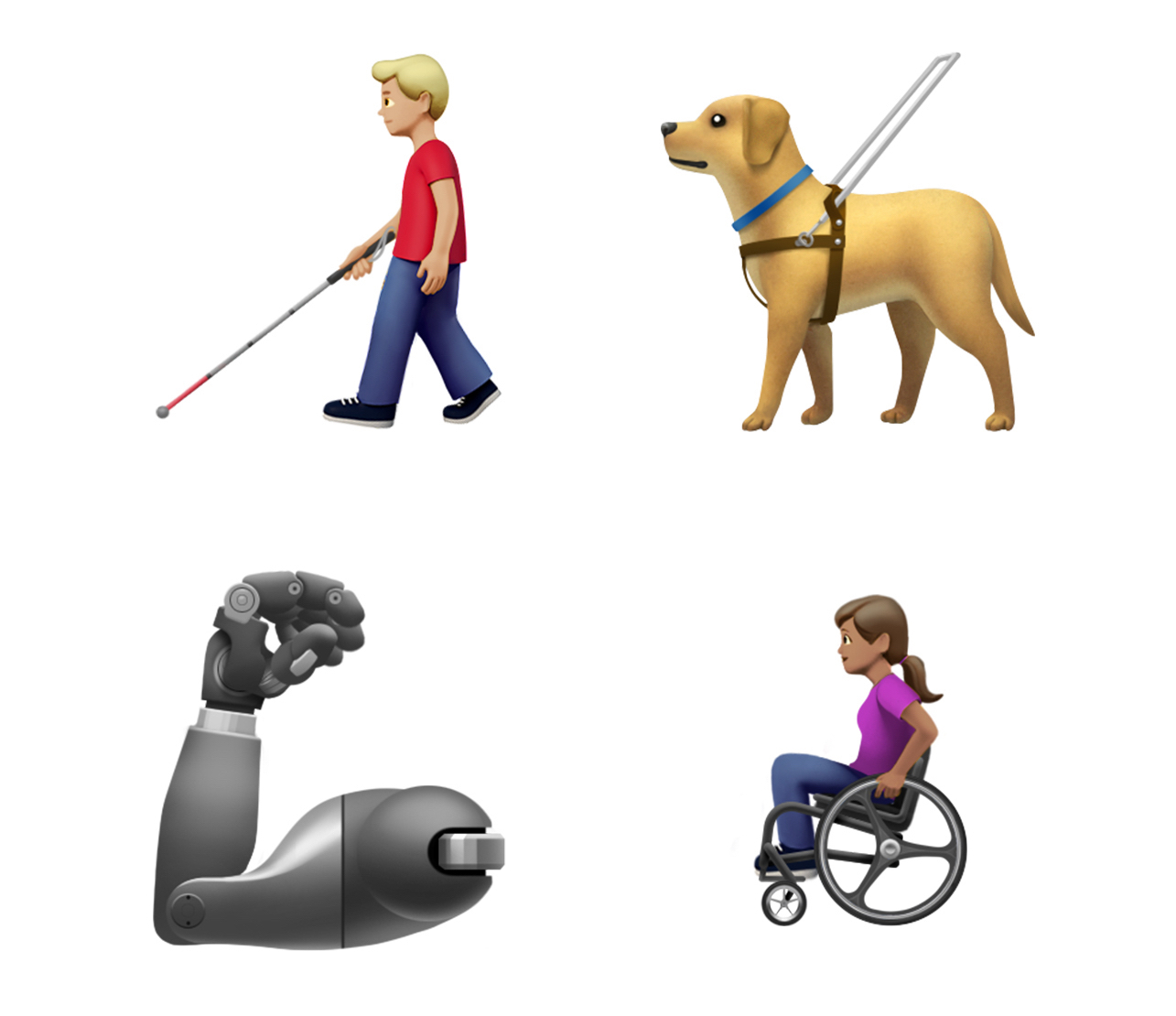 Apple's new disability-themed emoji provide a more inclusive experience for all. There are now options that depict users of both power and self-propelled mobility devices, individuals who communicate using sign language, and individuals who use sight-seeing canes, in addition to prosthetic limbs and hearing aids.