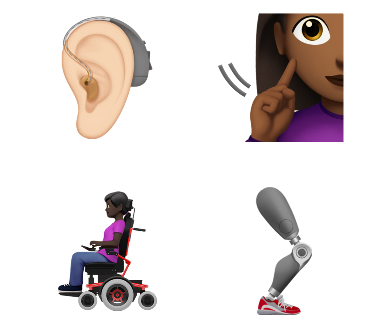 Apple's new disability-themed emoji provide a more inclusive experience for all. There are now options that depict users of both power and self-propelled mobility devices, individuals who communicate using sign language, and individuals who use sight-seeing canes, in addition to prosthetic limbs and hearing aids.