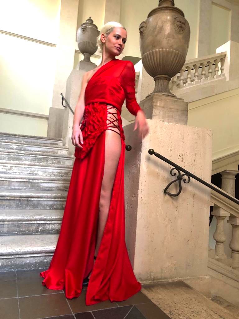 Model in red dress