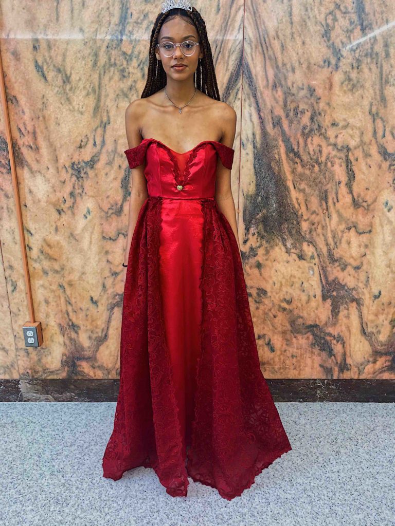 Model in red dress