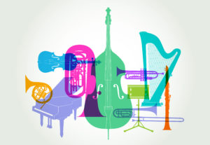Colorful overlapping silhouettes of Classical Orchestra musical instruments
