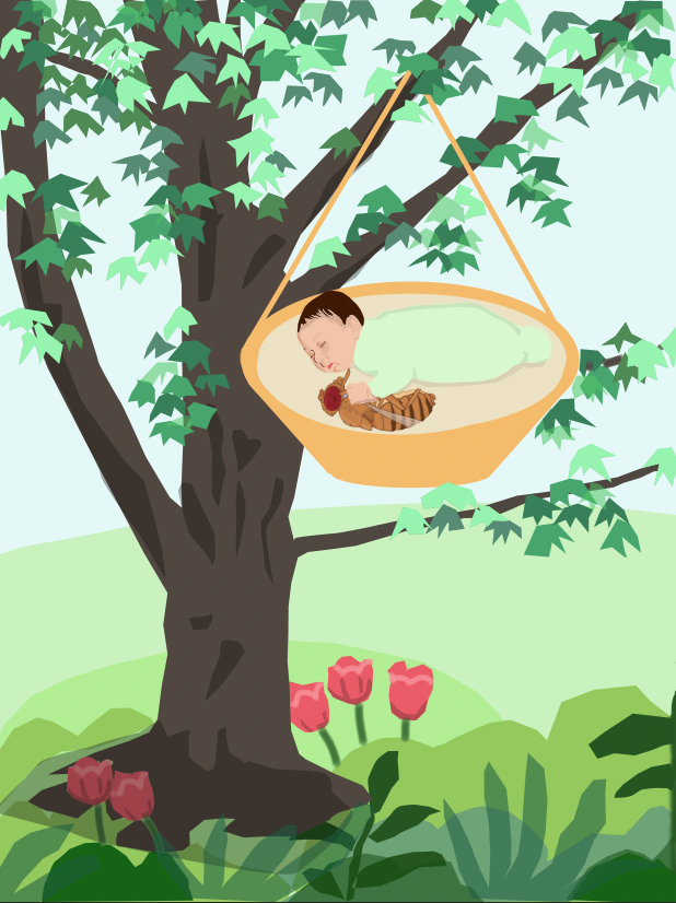 Illustration of a baby and fruit fly being rocked to sleep in a basinette under a tree