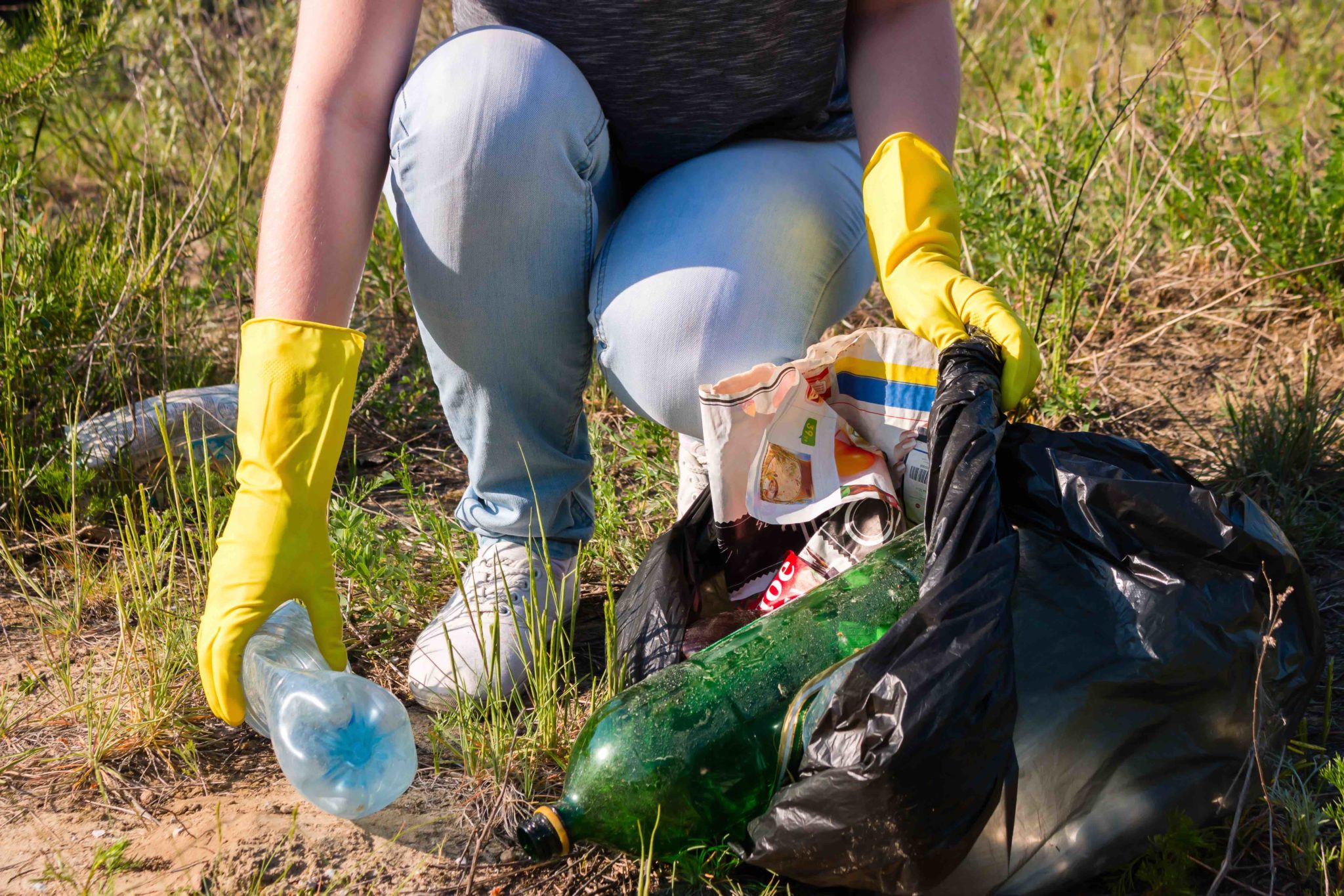 Volunteer in yellow gloves collects garbage